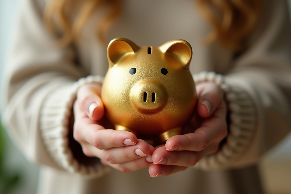 Mains tenant une tirelire en or dans un salon chaleureux