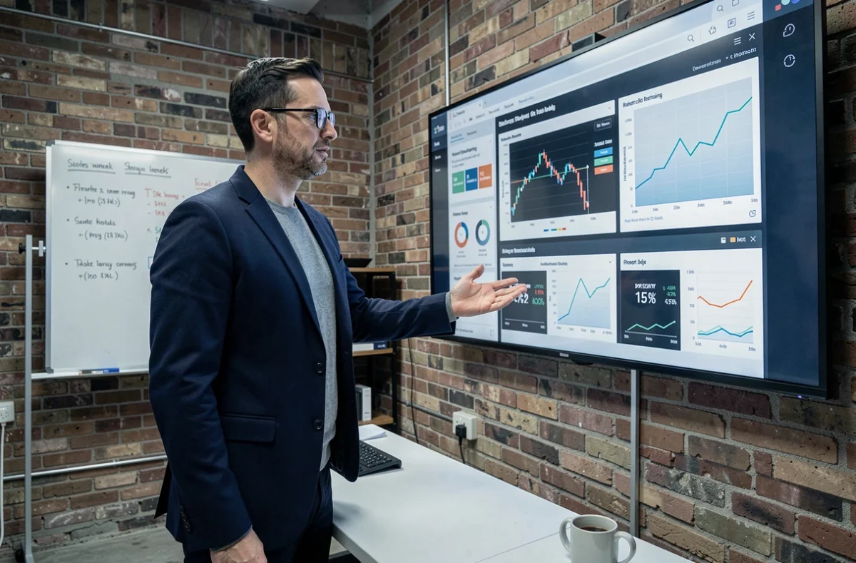 Manager debout devant un grand écran de tableau de bord financier dans un espace de travail startup comparant les outils BI classiques et modernes