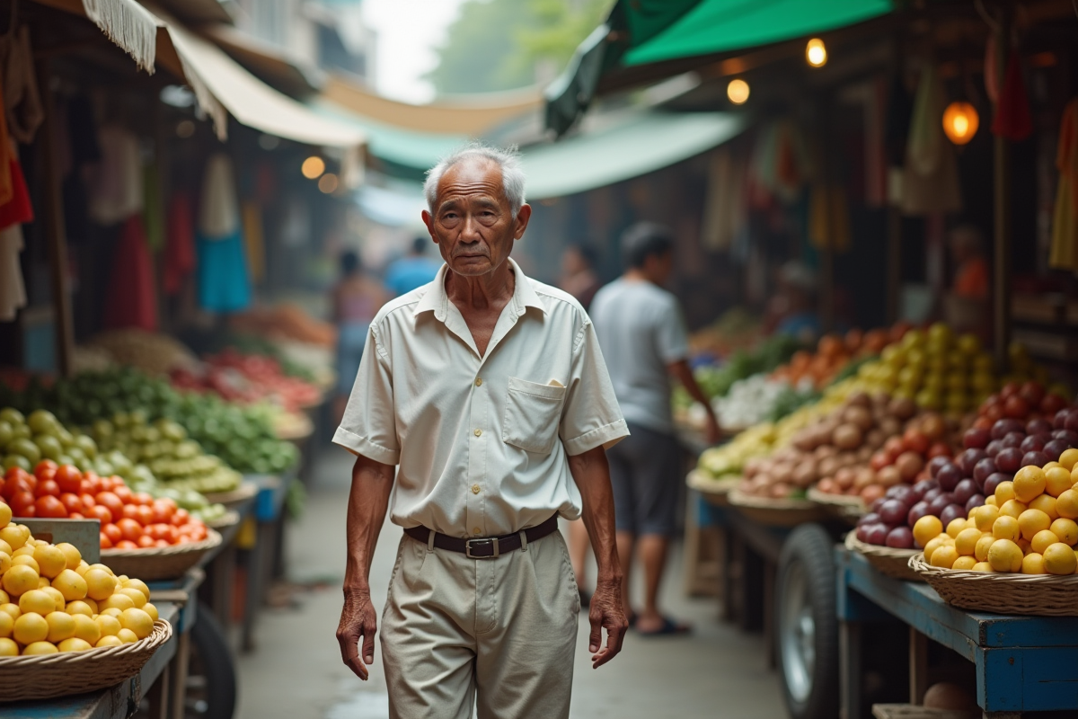 Homme âgé marchant dans un marché en Asie du Sud-Est