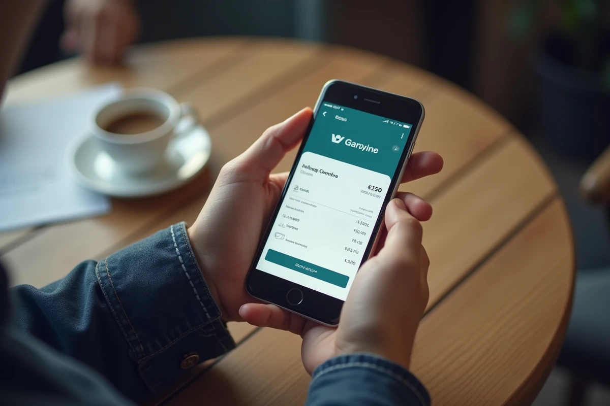 Gros plan sur un smartphone affichant une application de virement instantané avec montant en euros pour La Banque Postale