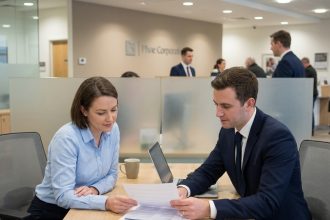 Une femme et un conseiller bancaire examinent des documents lors de l'ouverture d'un compte bancaire en agence
