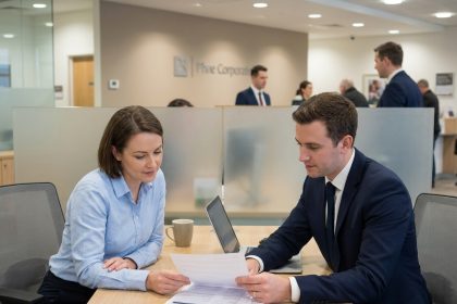 Une femme et un conseiller bancaire examinent des documents lors de l'ouverture d'un compte bancaire en agence
