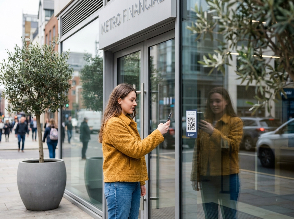 Une jeune femme scanne un QR code à l'entrée d'une agence bancaire pour débuter l'ouverture de son compte