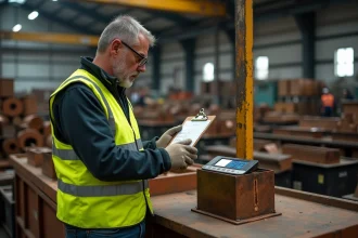 Ouvrier examinant une balance avec un lingot de bronze
