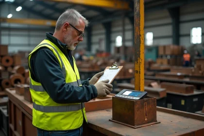Ouvrier examinant une balance avec un lingot de bronze