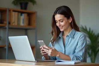 Femme paramétrant les alertes SMS et e-mails de son compte Crédit Agricole sur smartphone au bureau