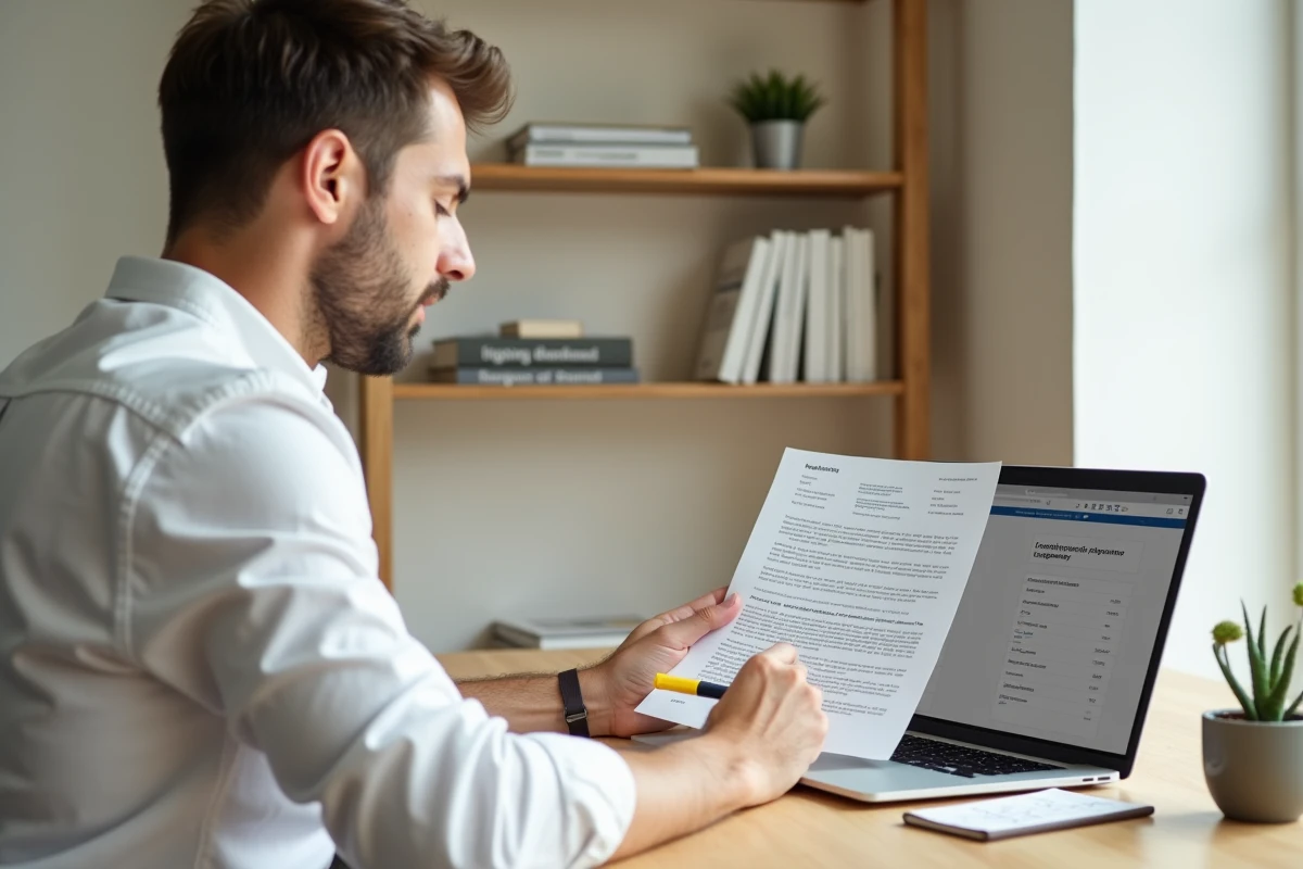Parent lisant attentivement un contrat d'assurance scolaire imprimé tout en consultant un devis en ligne sur son bureau à domicile