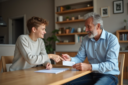 Père et fils souriants échangeant un chèque à table