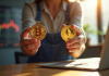 Personne tenant des pièces de Bitcoin et Ethereum devant un ordinateur