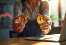 Personne tenant des pièces de Bitcoin et Ethereum devant un ordinateur