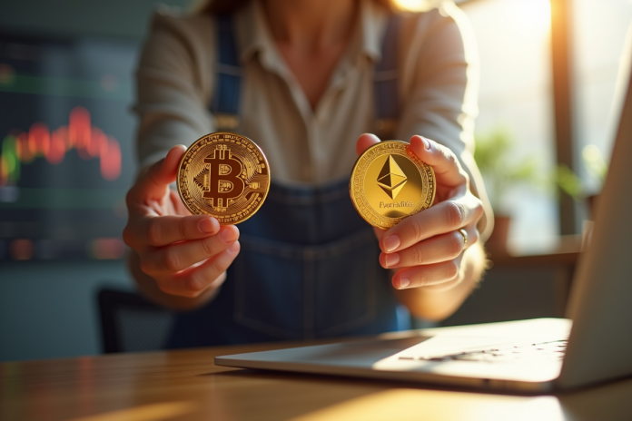 Personne tenant des pièces de Bitcoin et Ethereum devant un ordinateur