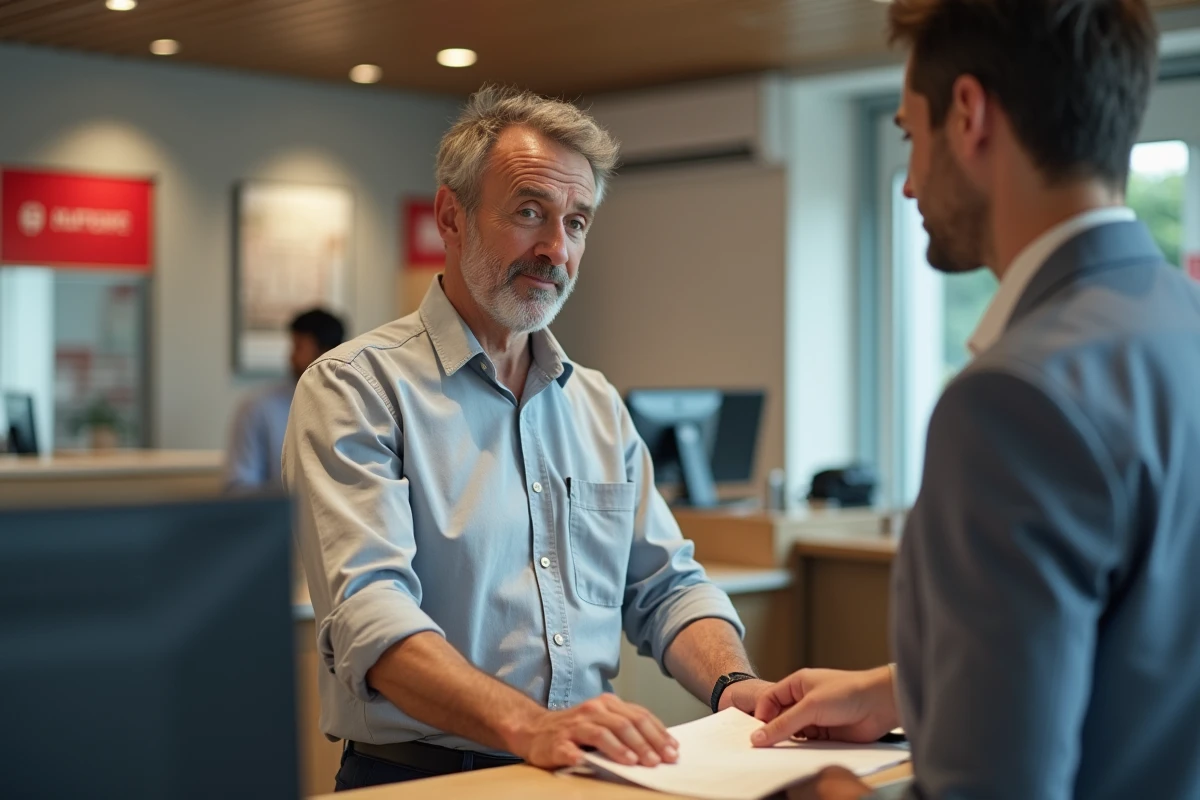 Client masculin consultant un conseiller à un guichet de La Banque Postale pour augmenter son plafond de virement instantané