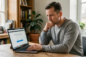 Homme frustré devant un ordinateur portable affichant une erreur de connexion à un portail en ligne