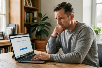Homme frustré devant un ordinateur portable affichant une erreur de connexion à un portail en ligne