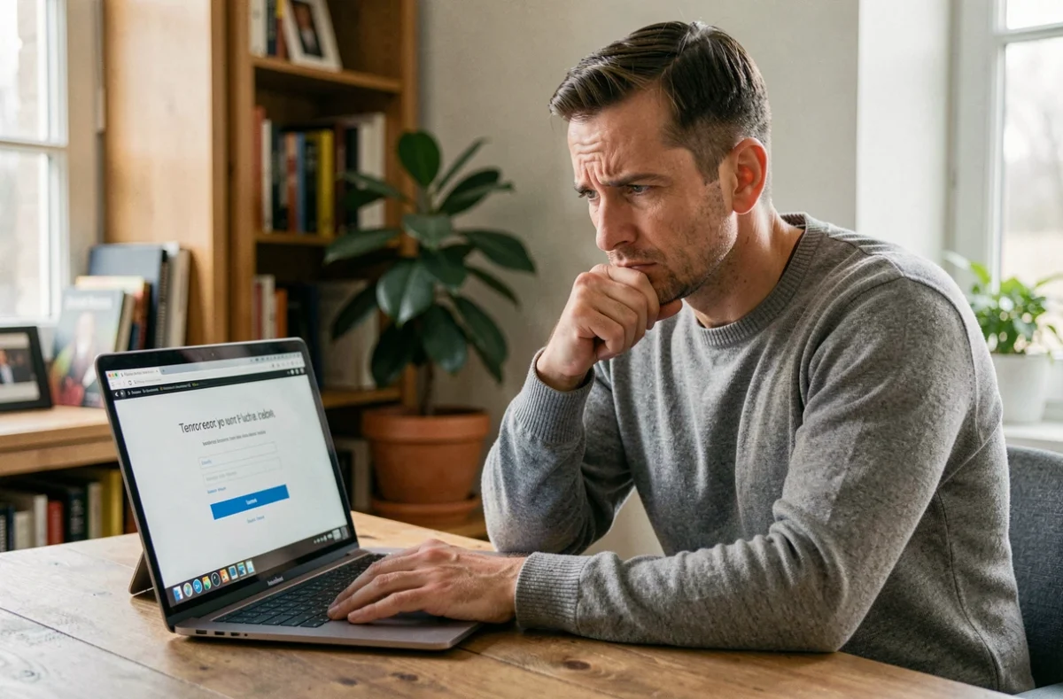 Homme frustré devant un ordinateur portable affichant une erreur de connexion à un portail en ligne