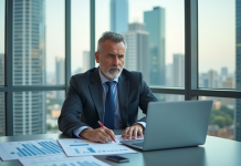 Professionnel confiant analysant des documents financiers dans un bureau moderne