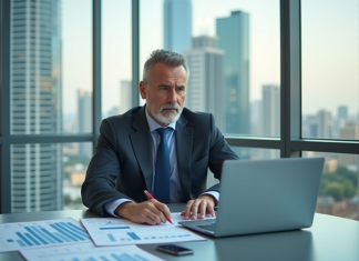 Salaire à 40 ans : combien gagner ? Conseils et exemples Professionnel confiant analysant des documents financiers dans un bureau moderne