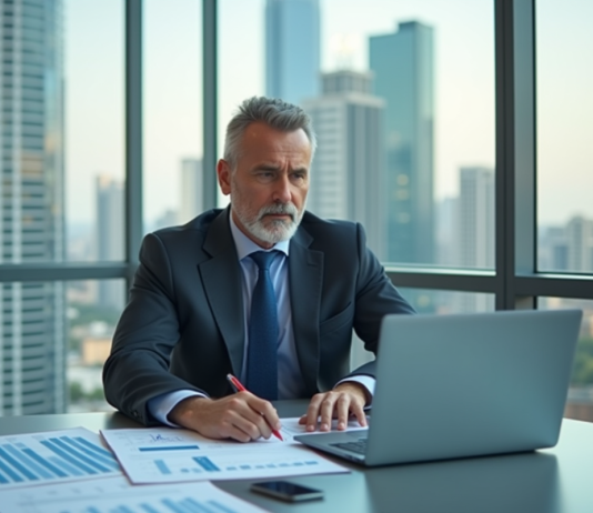 Salaire à 40 ans : combien gagner ? Conseils et exemples Professionnel confiant analysant des documents financiers dans un bureau moderne