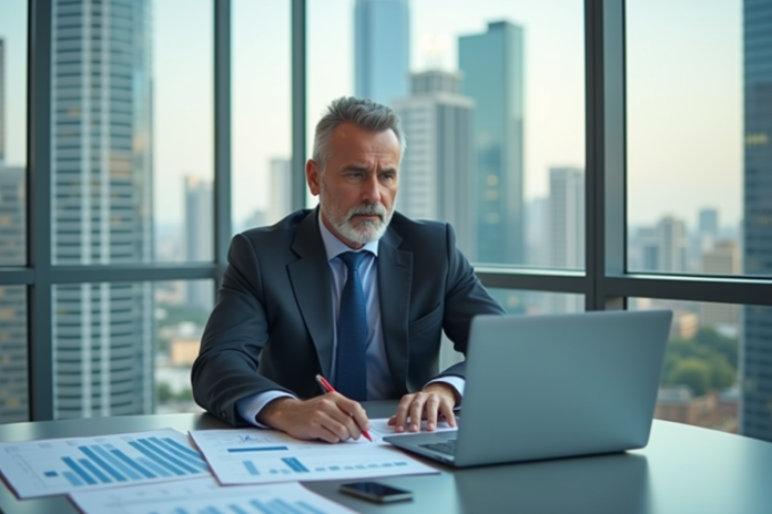 Professionnel confiant analysant des documents financiers dans un bureau moderne