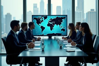 Groupe de professionnels d'affaires autour d'une table avec carte digitale