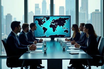 Groupe de professionnels d'affaires autour d'une table avec carte digitale