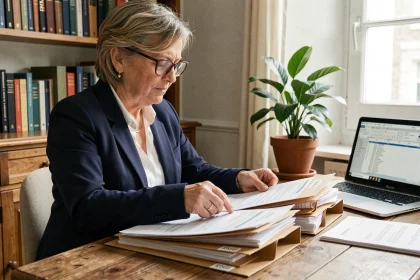 Propriétaire LMNP organisant des factures et tickets de caisse dans des dossiers pour préparer un contrôle fiscal