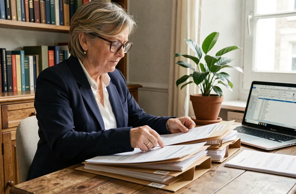 Propriétaire LMNP organisant des factures et tickets de caisse dans des dossiers pour préparer un contrôle fiscal