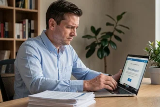 Homme consultant une demande de crédit refusée sur son ordinateur portable dans un bureau à domicile