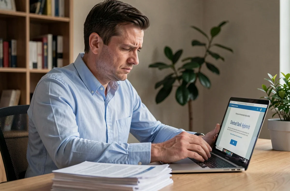 Homme consultant une demande de crédit refusée sur son ordinateur portable dans un bureau à domicile