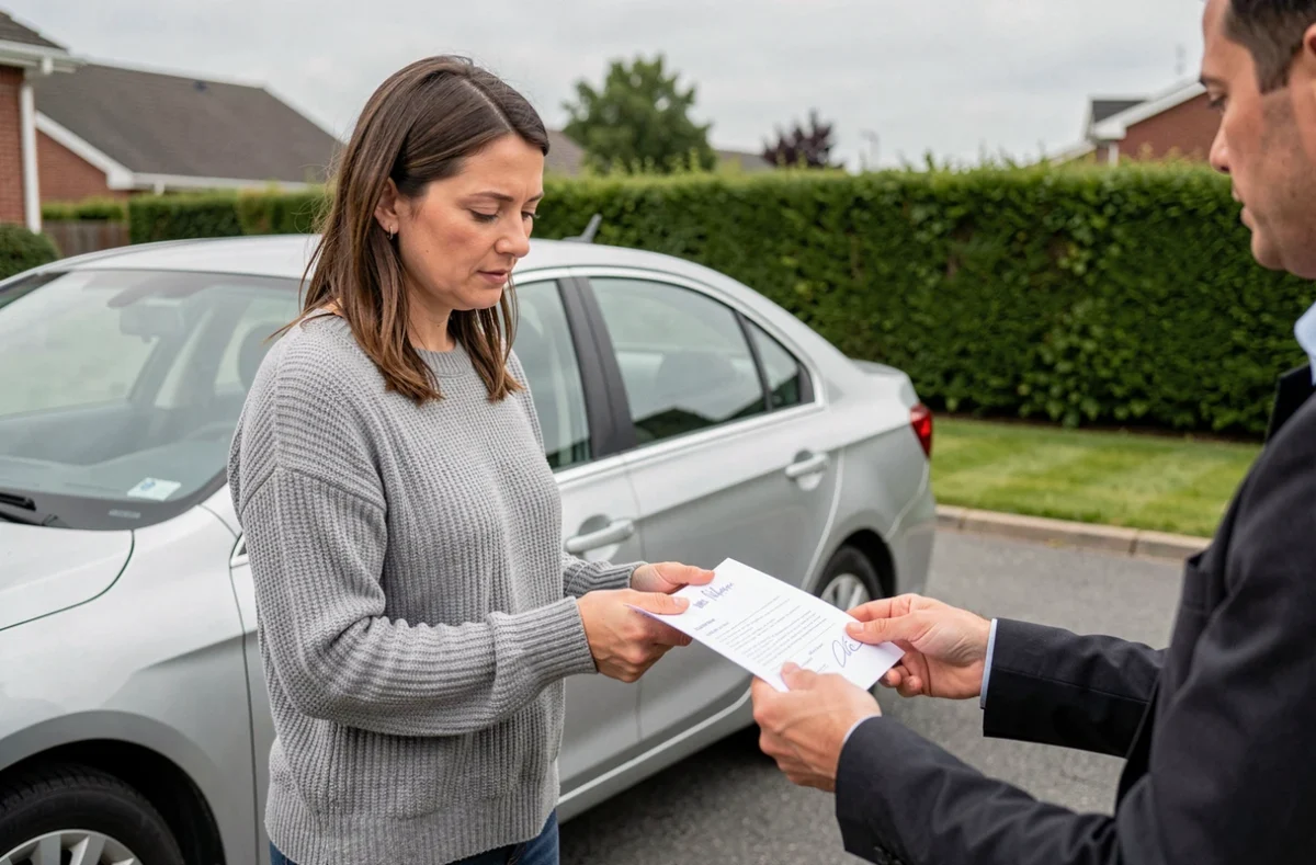 Femme remettant des documents administratifs lors de la vente d'une voiture dans une allée résidentielle
