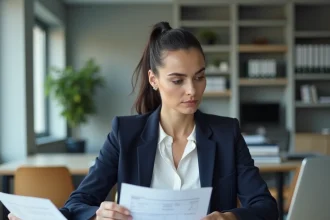 Responsable RH analysant des fiches de paie et des documents sur le SMIC et les conventions collectives dans un bureau professionnel