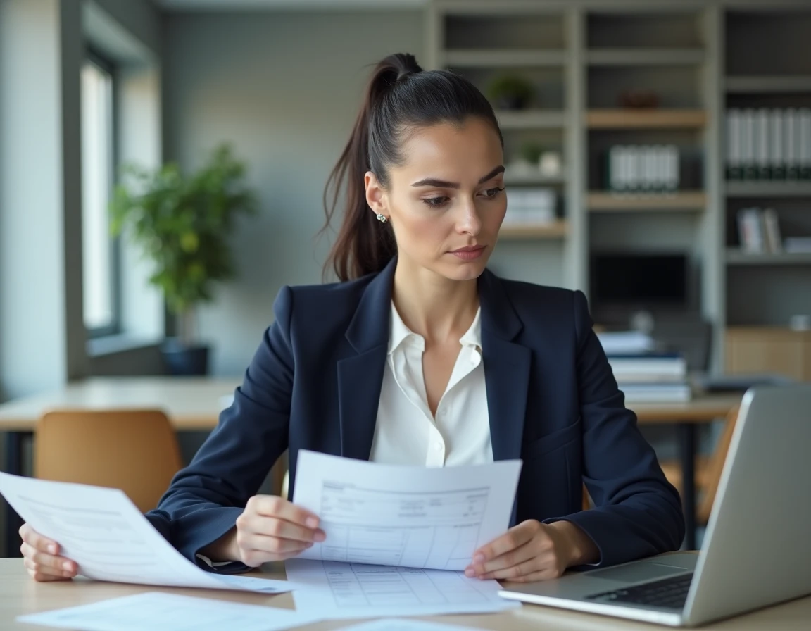 Responsable RH analysant des fiches de paie et des documents sur le SMIC et les conventions collectives dans un bureau professionnel