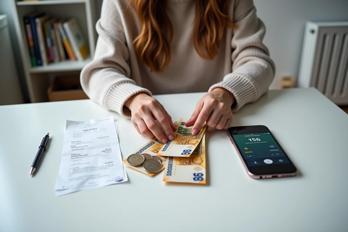 Mains comptant des billets et pièces en euros à côté de factures et d'une application bancaire, symbolisant le reste à vivre en France