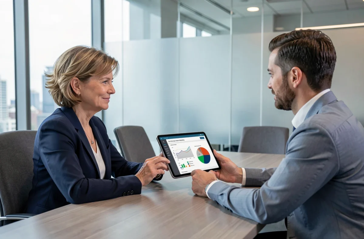 Une femme discute de placements SCPI avec un conseiller financier dans une salle de réunion professionnelle