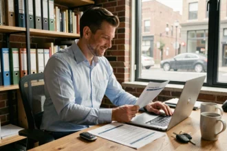 Salarié consultant ses feuilles de frais kilométriques sur un bureau en bois avec ordinateur portable et clés de voiture