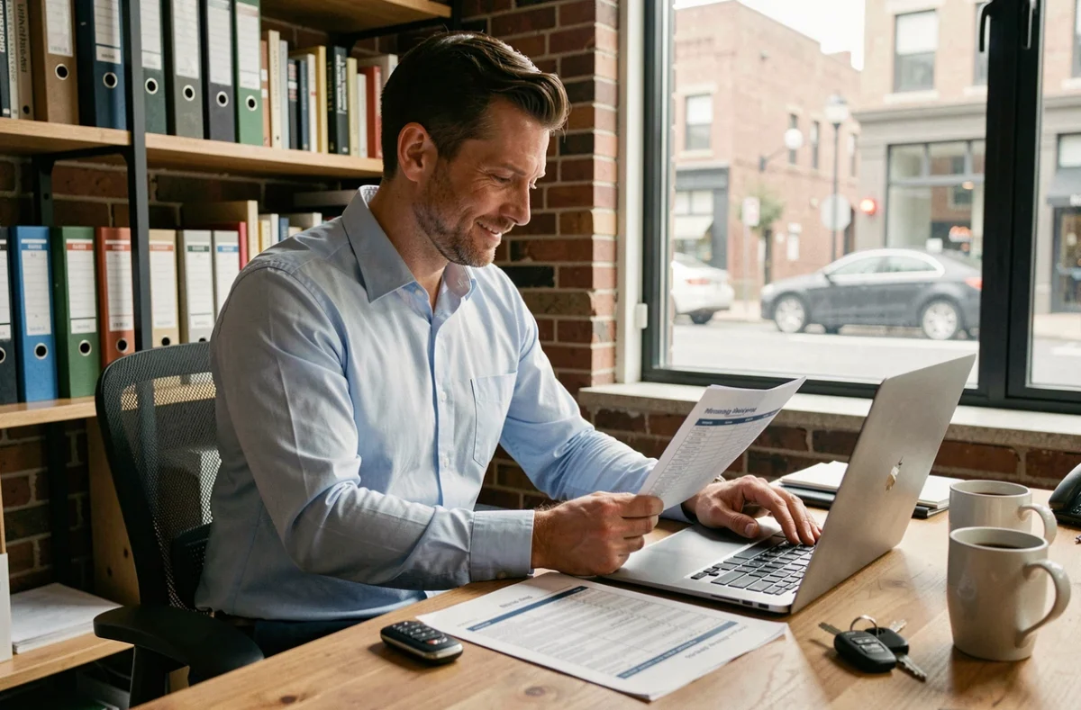 Salarié consultant ses feuilles de frais kilométriques sur un bureau en bois avec ordinateur portable et clés de voiture