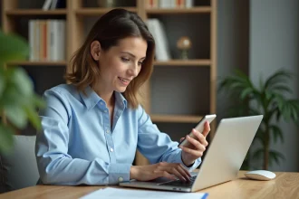 Femme utilisant un ordinateur portable et un smartphone pour sécuriser son compte bancaire en ligne avec la double authentification PSD2