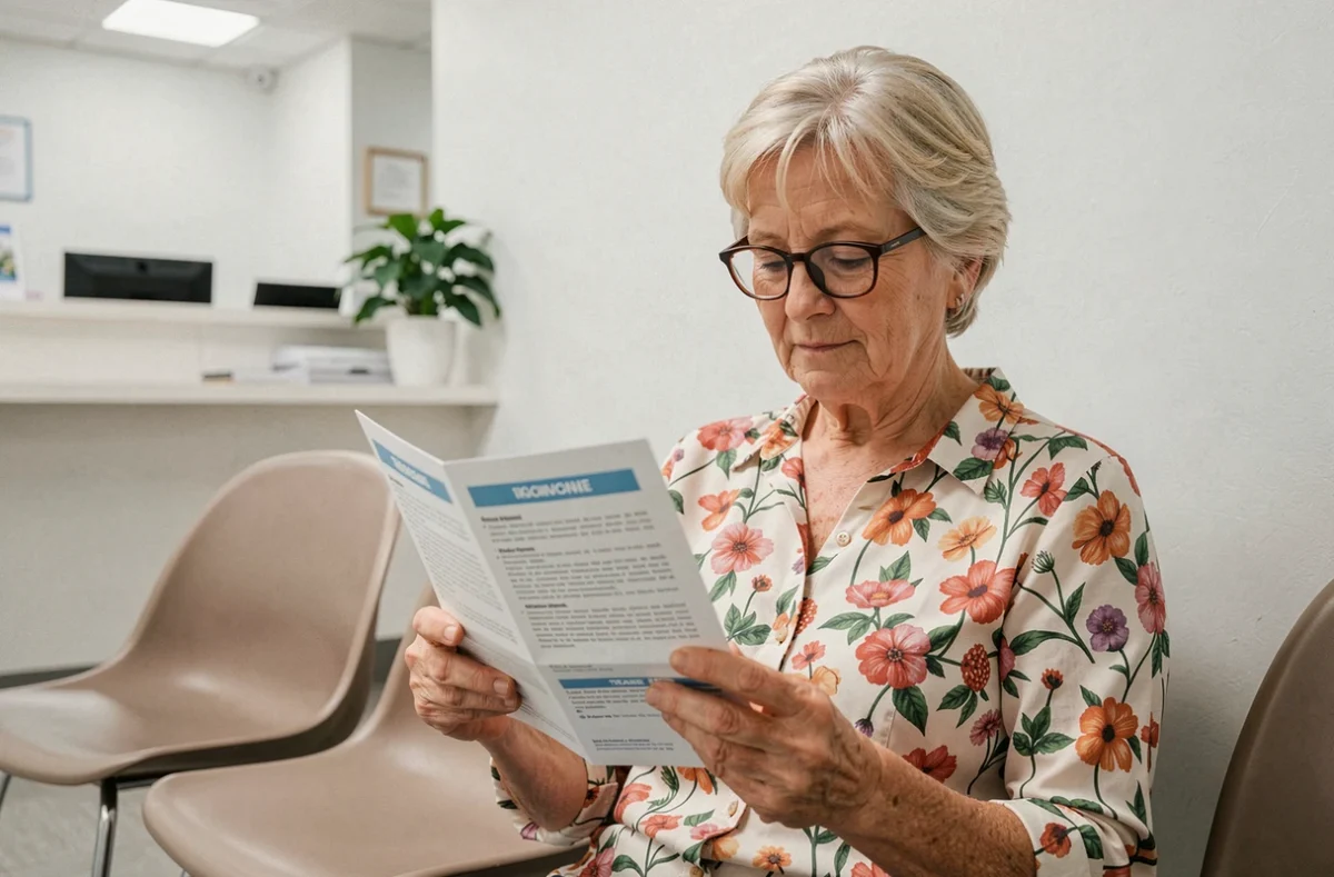 Femme senior lit sa police d'assurance voyage dans une salle d'attente médicale à l'étranger