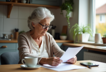 Retraite fonction publique : quel est le montant minimum ? Femme senior attentivement revue de papiers dans sa cuisine