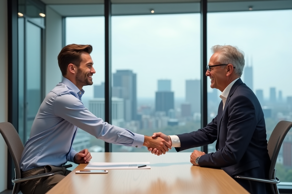 Jeune homme et conseiller financier se serrant la main