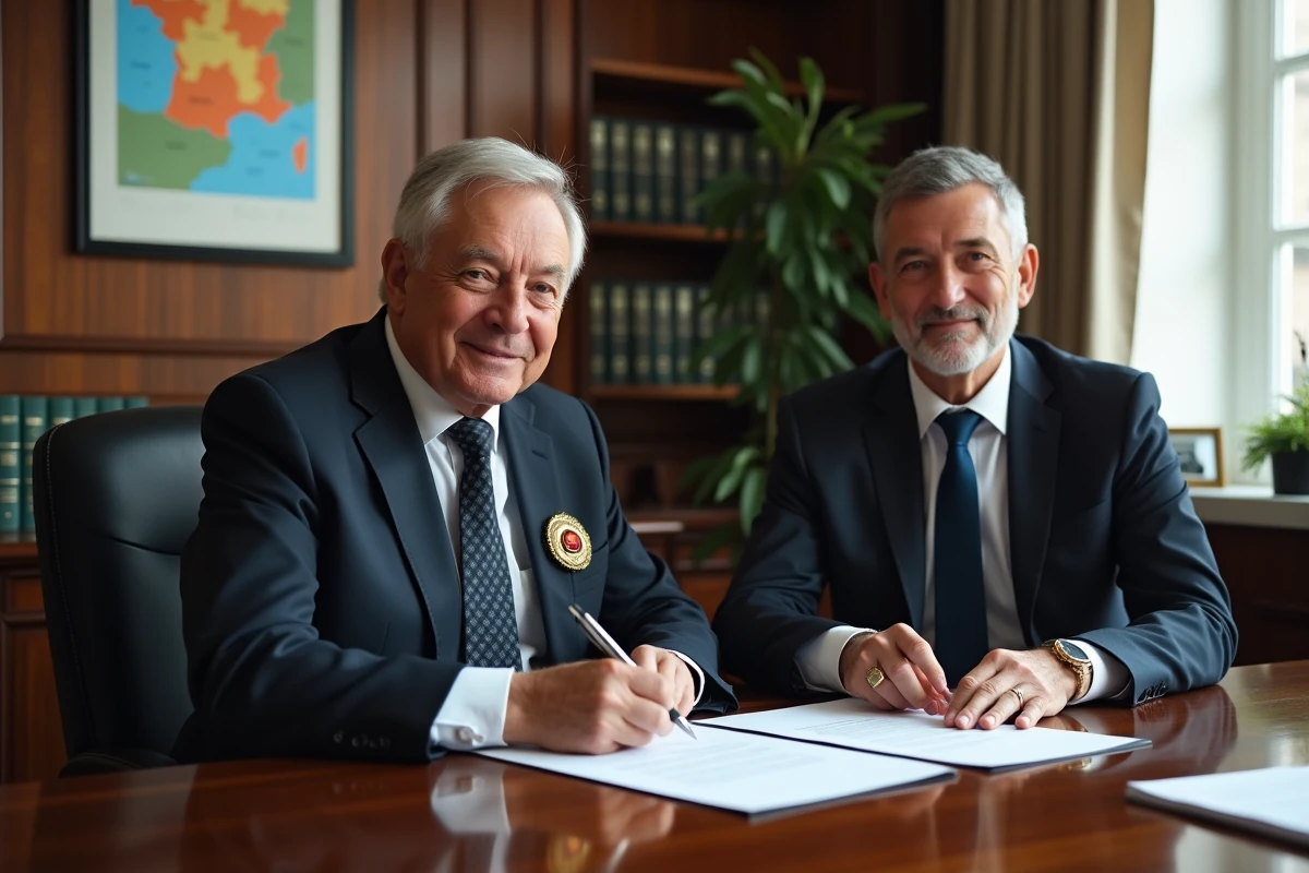 Responsable municipal signant un accord de financement public avec un conseiller financier territorial dans un bureau officiel