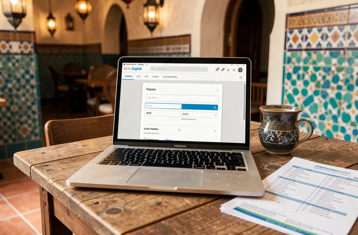 Ordinateur portable affichant un simulateur de conversion dirhams euros dans un café marocain avec thé traditionnel