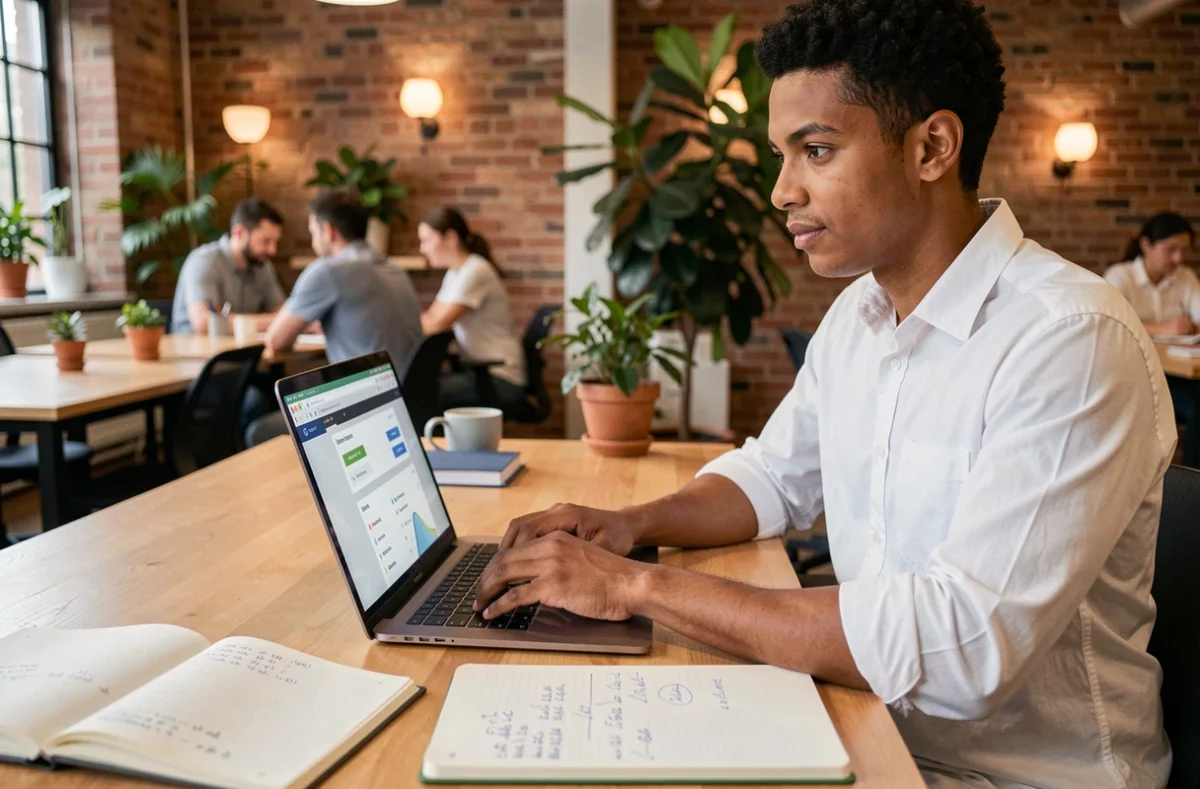 Jeune professionnel simulant son salaire net mensuel sur un ordinateur dans un espace de coworking moderne