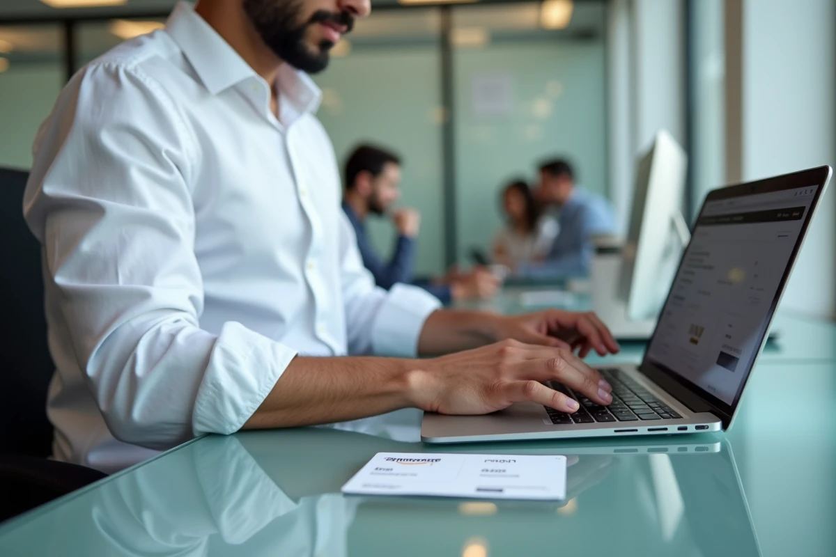Homme consultant le solde de sa carte avantages Bimpli sur ordinateur au bureau avant un achat Amazon