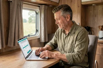 Homme souscrivant une assurance camping-car en ligne sur son ordinateur portable à l'intérieur du véhicule