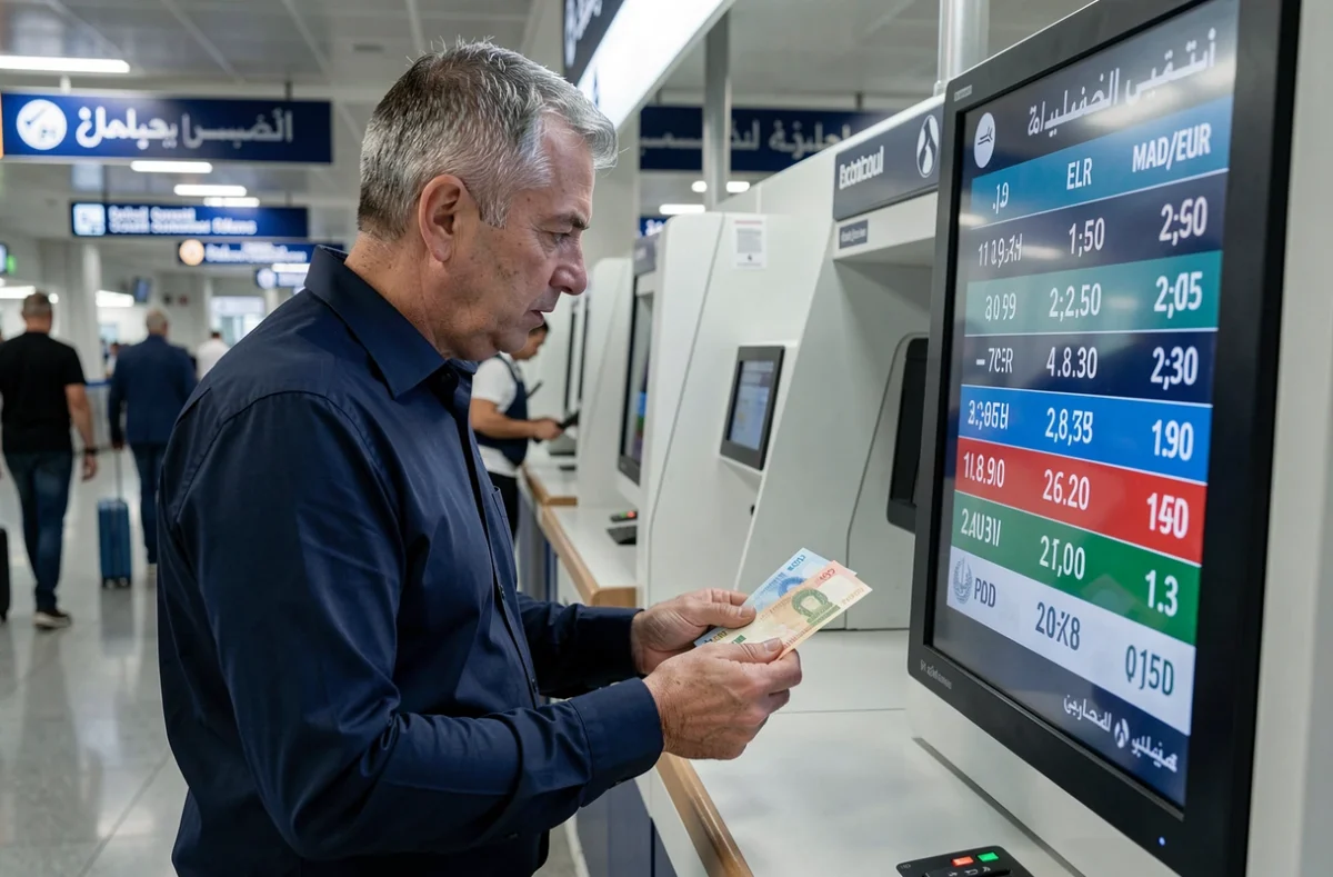 Homme tenant des billets de dirhams marocains devant un tableau de taux de change MAD EUR à l'aéroport