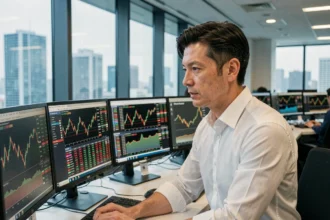 Trader professionnel analysant les indices boursiers de Tokyo sur des écrans multiples dans une salle de marché moderne