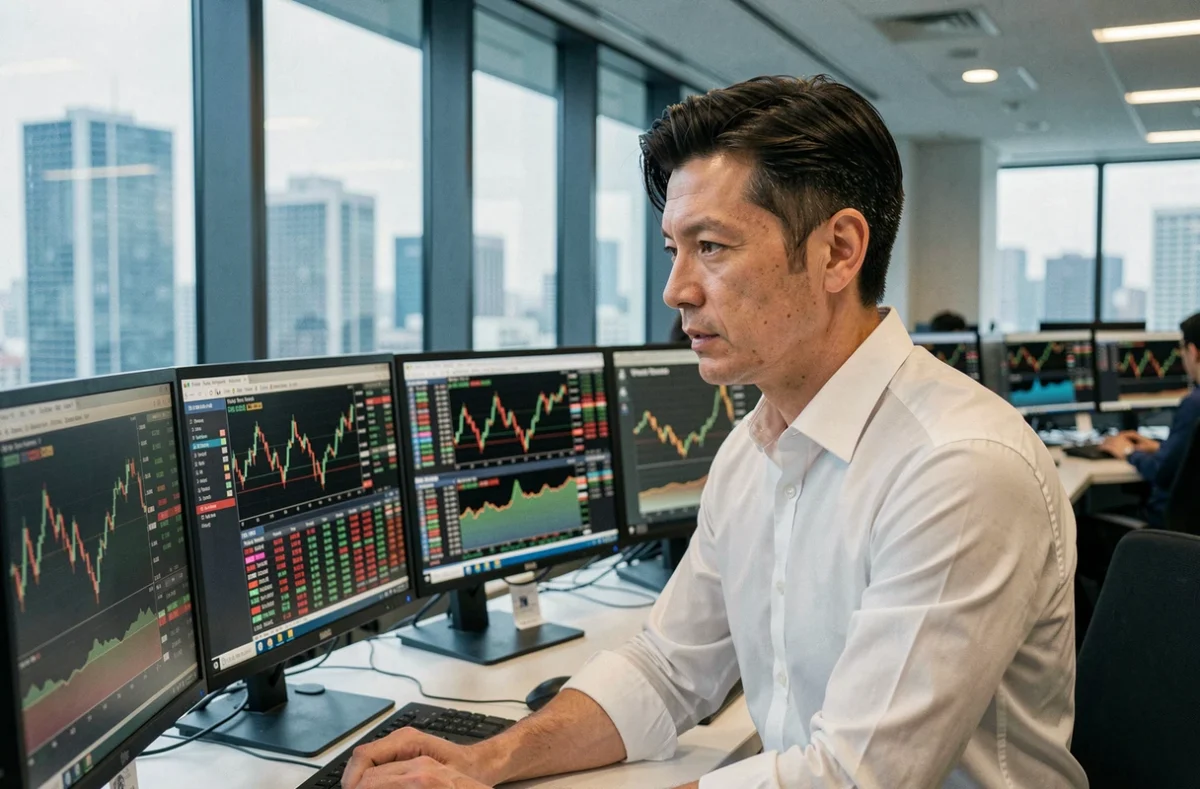 Trader professionnel analysant les indices boursiers de Tokyo sur des écrans multiples dans une salle de marché moderne