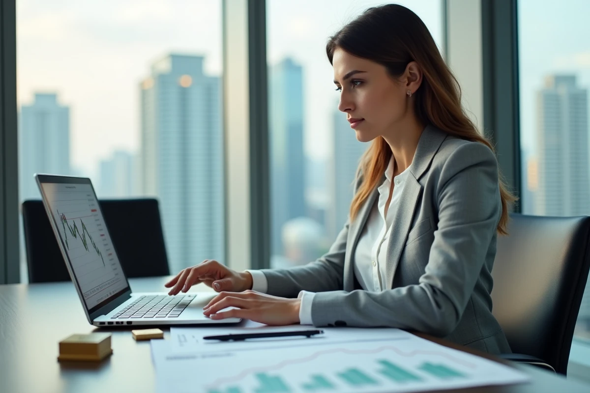 Trader en matières premières analysant les cours du laiton et des métaux non ferreux dans un bureau moderne