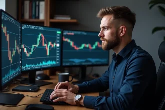 Trader forex analysant un pattern double bottom sur ses écrans dans un bureau professionnel à domicile